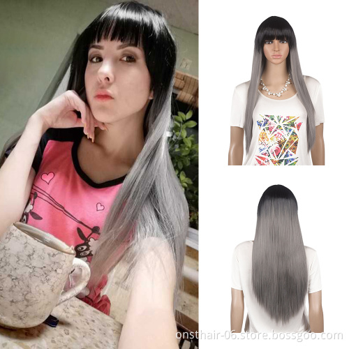 Blonde Long Straight Wig with Bangs Synthetic Hair Wigs for Woman Black Brown Heat Resistant  26inch None Lace Wigs 130%